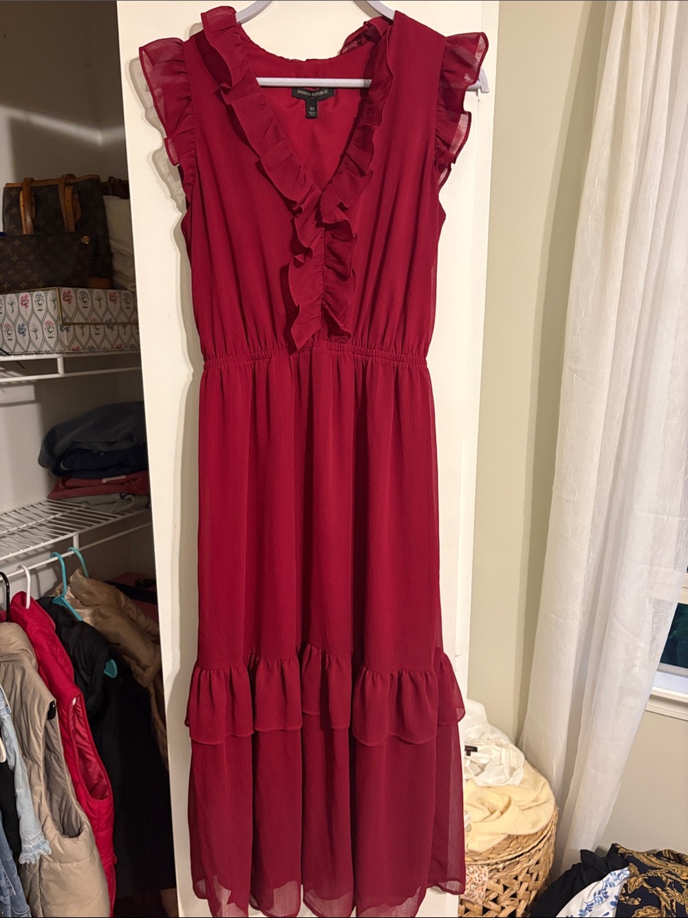 Banana Republic Ruffle V-Neck Burgundy Maxi Dress